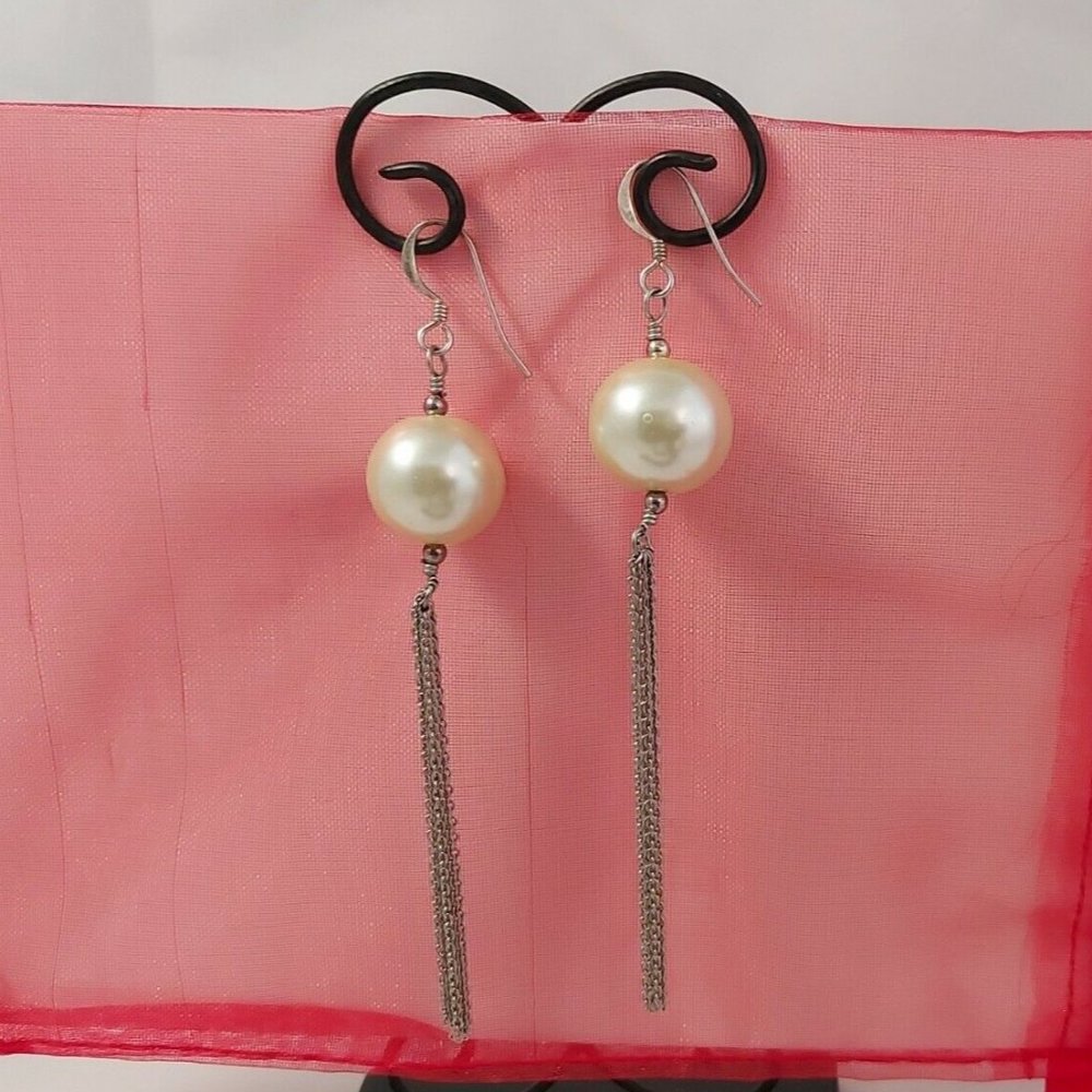 Vintage Dangle Drop Earrings 15mm faux pearl tassel Earrings 3.5"